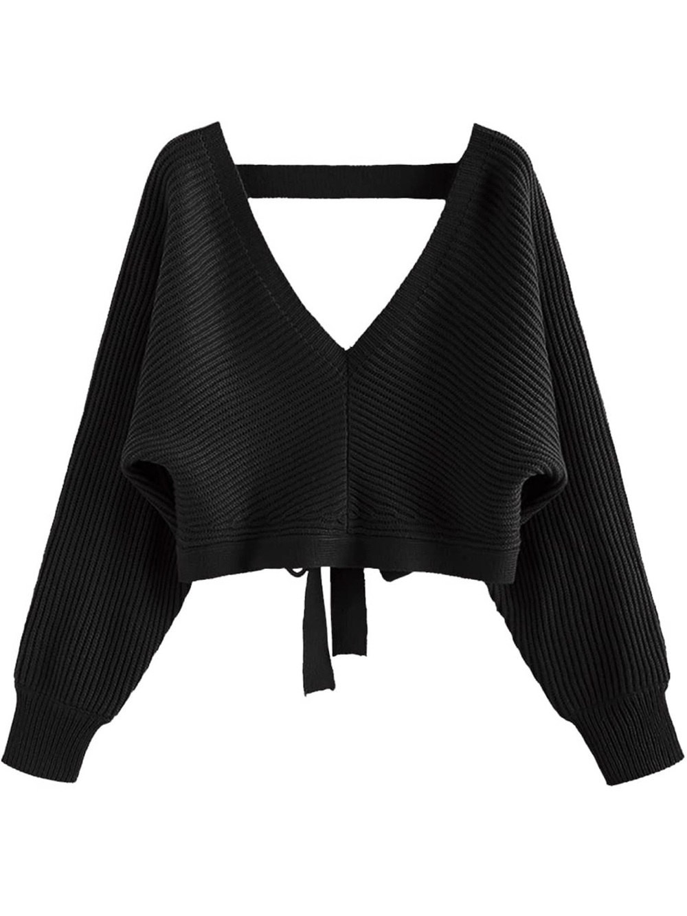 V Neck Cropped Sweater Ribbed Knit Pullover Tops Sexy Drop Shoulder